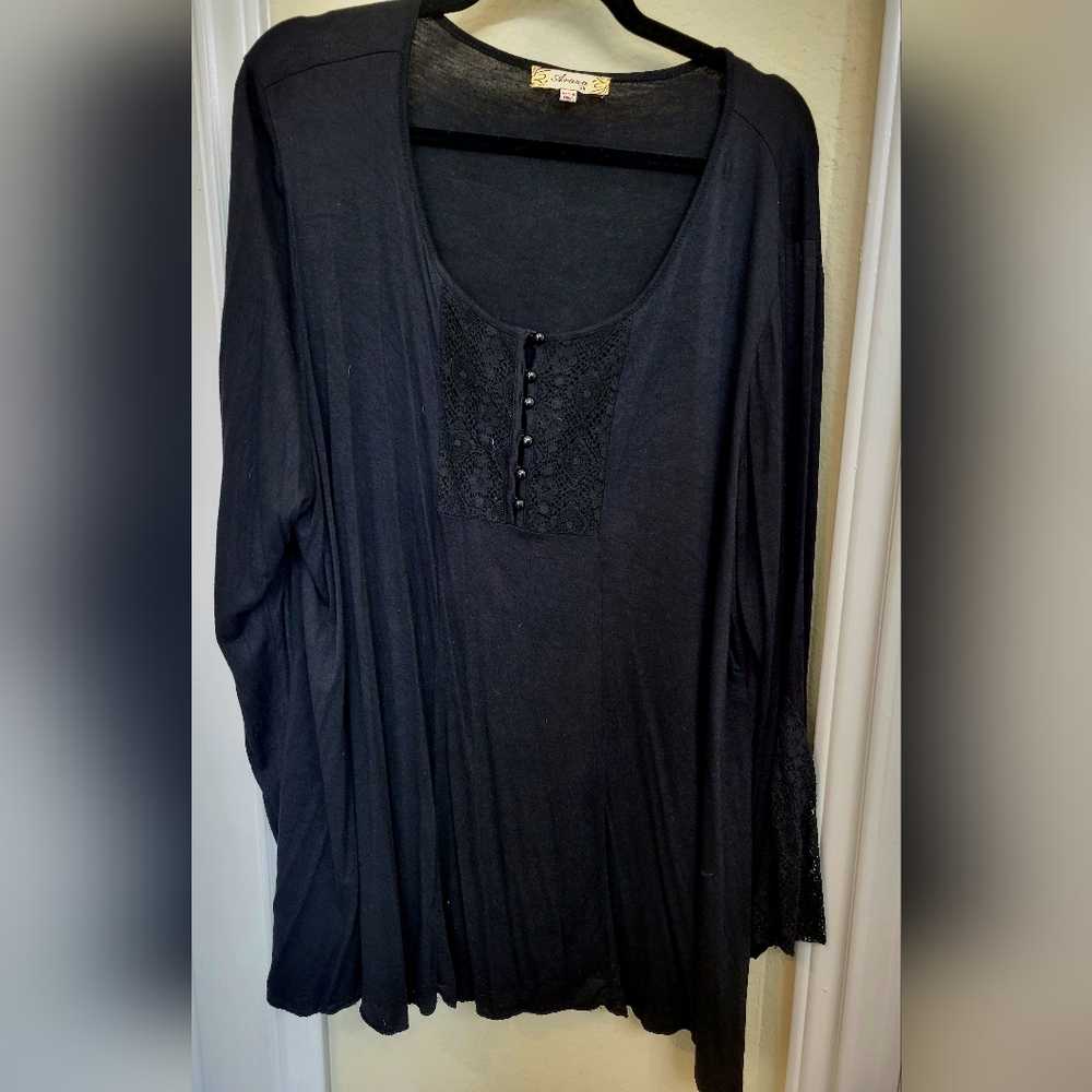 Araxa Black Long Sleeve Tie Neck Lace Sleeves Lace Accent Tunic Plus Siz…